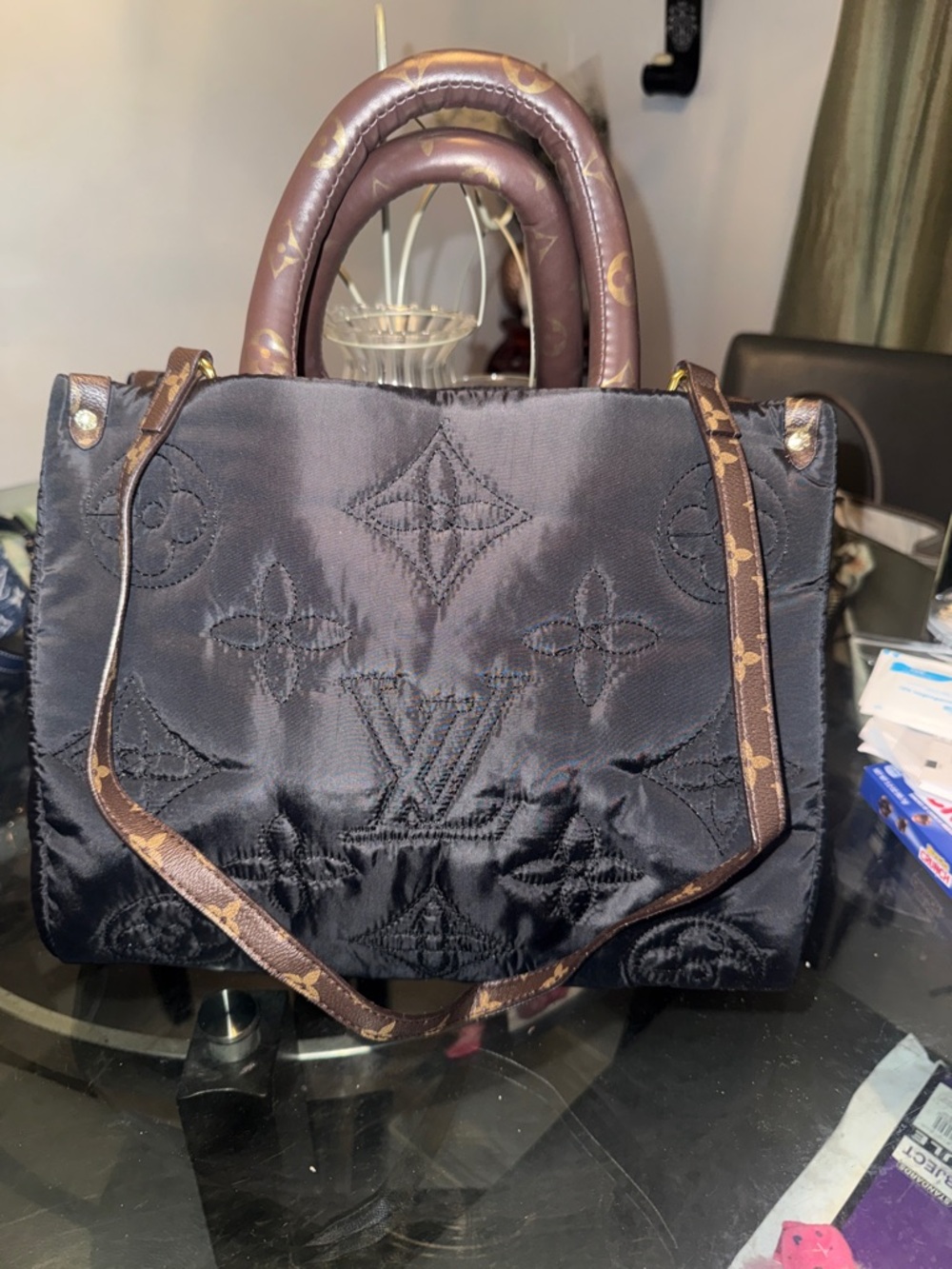 Black Embroidered Monogram Satchel with Brown Trim